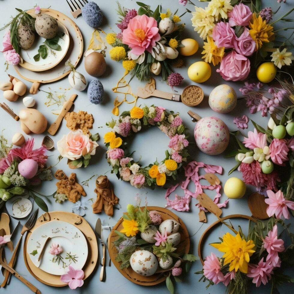 AI generated Easter table setting with eggs and flowers. Flat lay, top view. generative ai photo