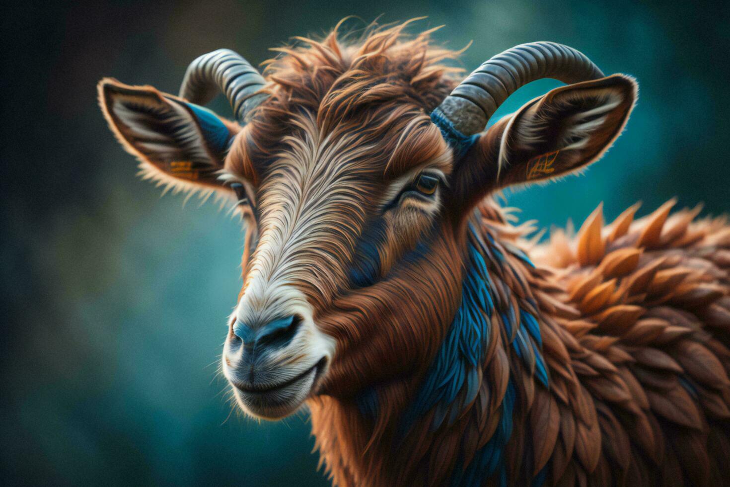 AI generated Portrait of a goat with horns on the background of nature. generative ai photo