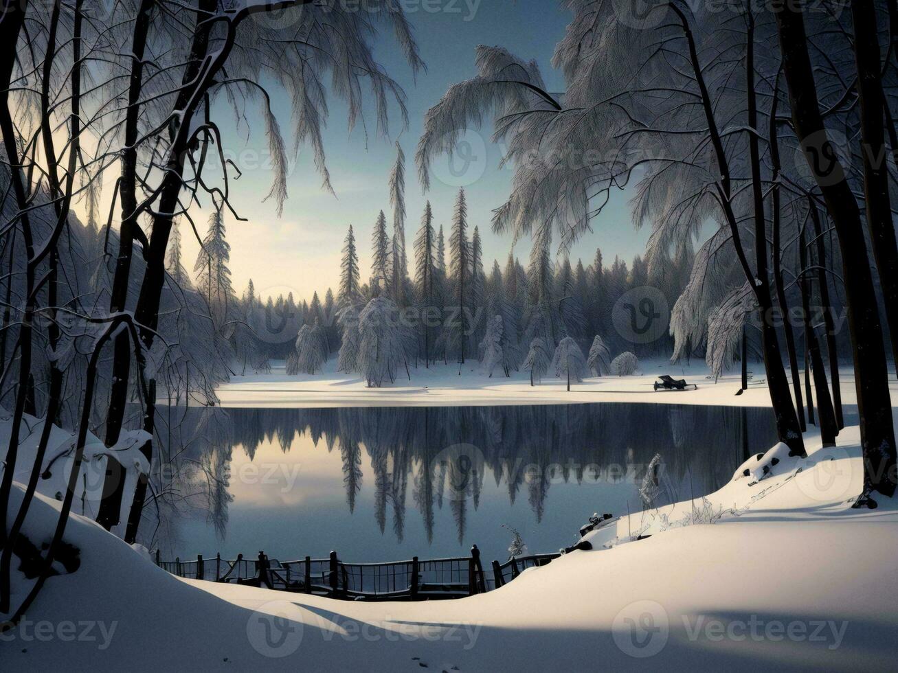 AI generated Beautiful winter landscape with snow covered trees and lake in the forest. generative ai photo