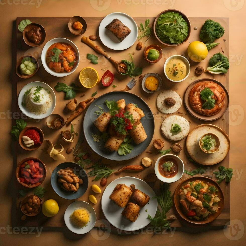 AI generated Indian food on wooden background. Assorted Indian dishes, top view. generative ai photo