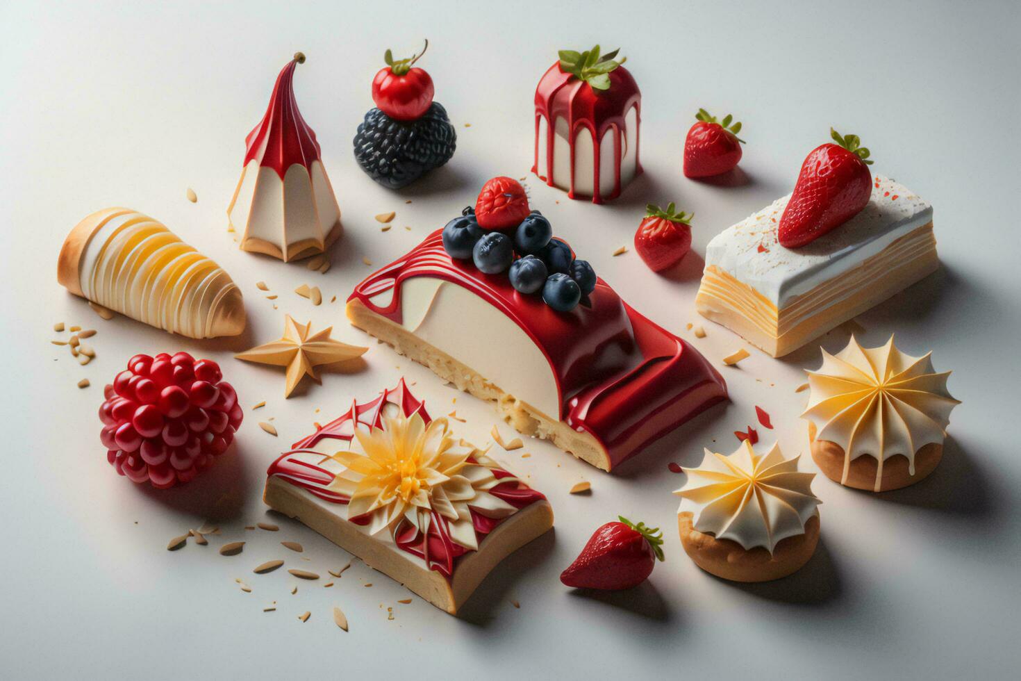 AI generated Set of different cakes on a white background. Dessert with berries. generative ai photo
