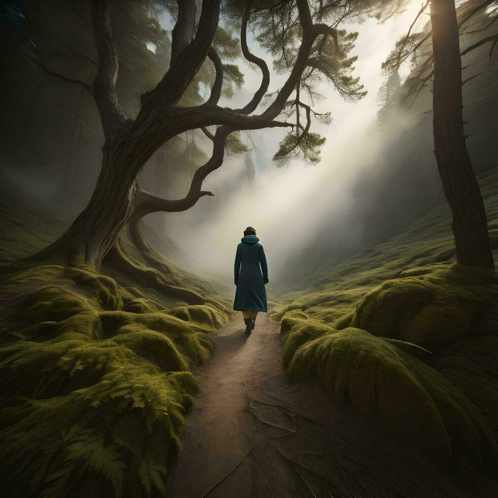AI generated Woman walking on the path in the forest. generative ai photo