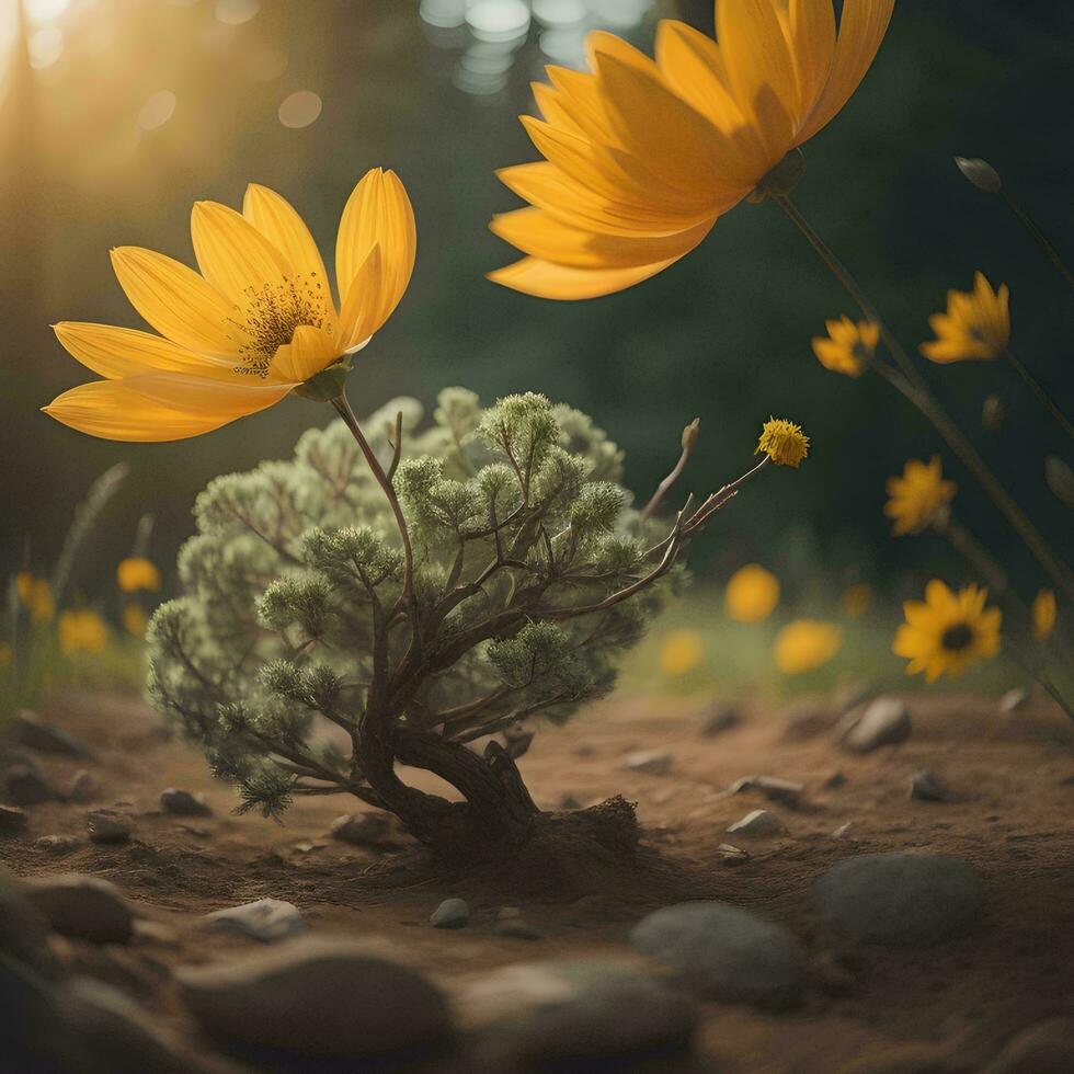 AI generated beautiful yellow flowers in the garden - vintage effect style pictures. generative ai photo