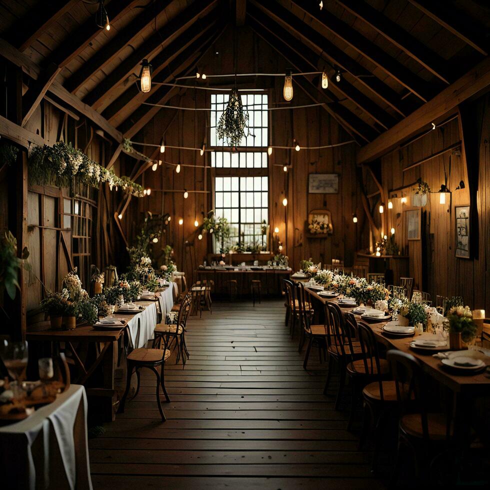 AI generated Wedding Banquet hall with tables and chairs for guests. generative ai photo