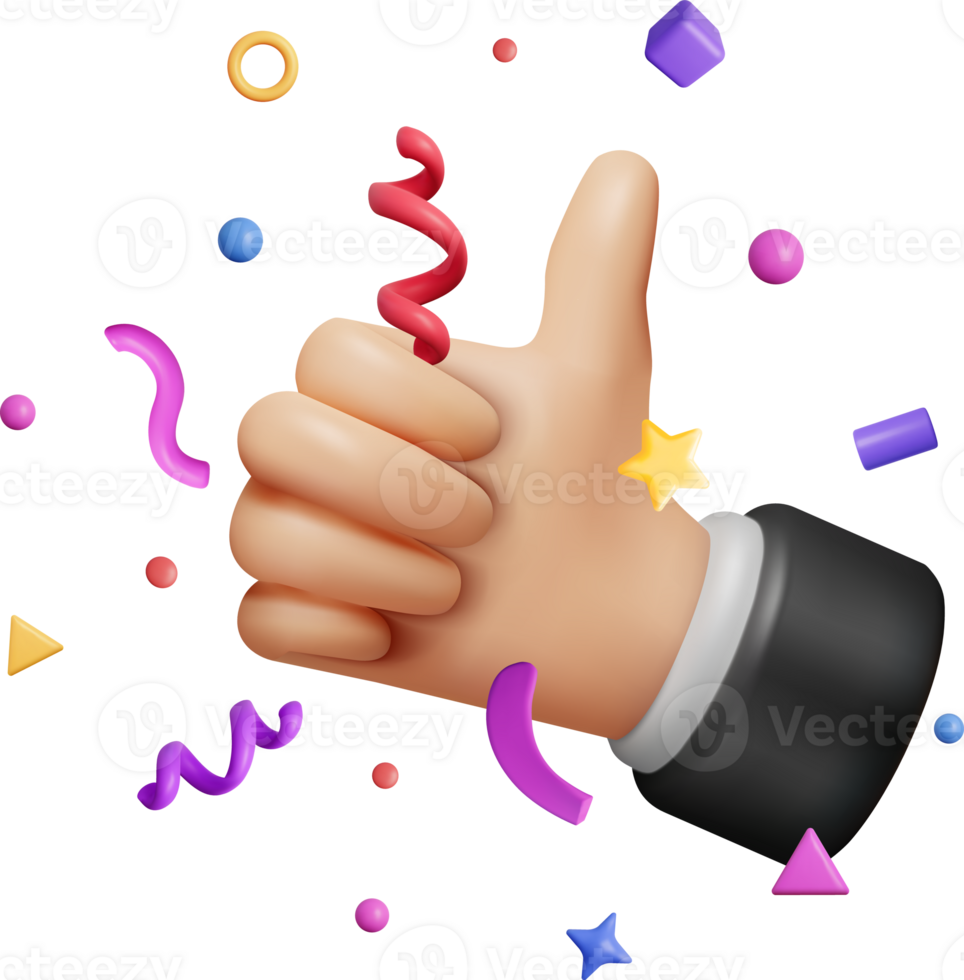 3D Thumbs Up Hand Gesture and Confetti png