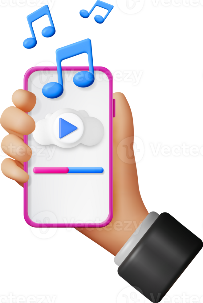 3D Hand with Music Cloud Note in Mobile Phone png