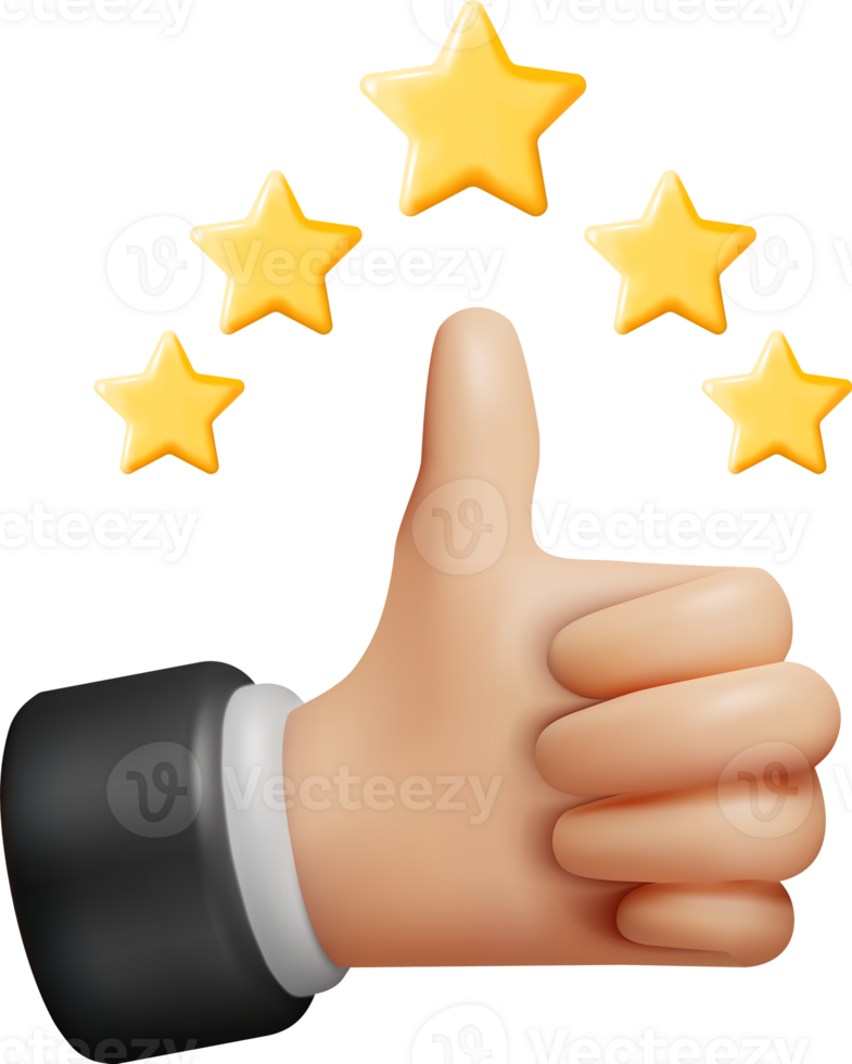 3D Thumb Up Pointing at Five Gold Star Rating png