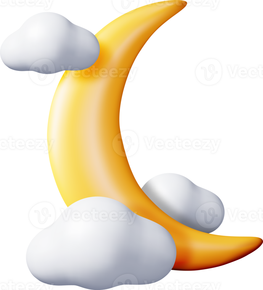 3D Gold Crescent Moon in Clouds png