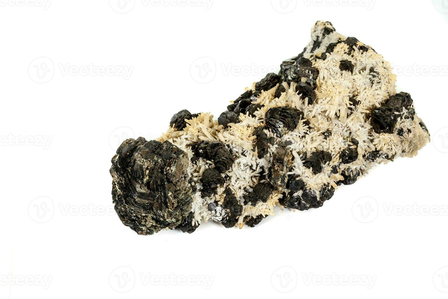 Macro stone mineral Pyrrhotite, quartz, Sphalerite, calcite, Galena on white background photo