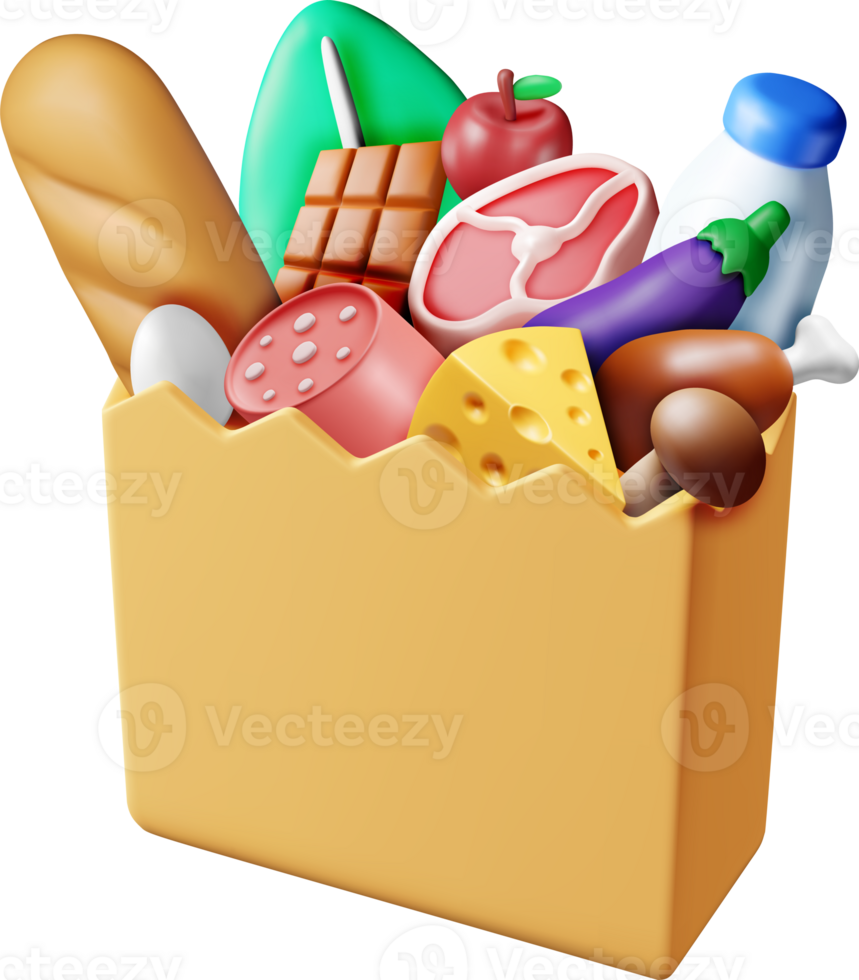 3D Shopping Paper Bag with Fresh Products png