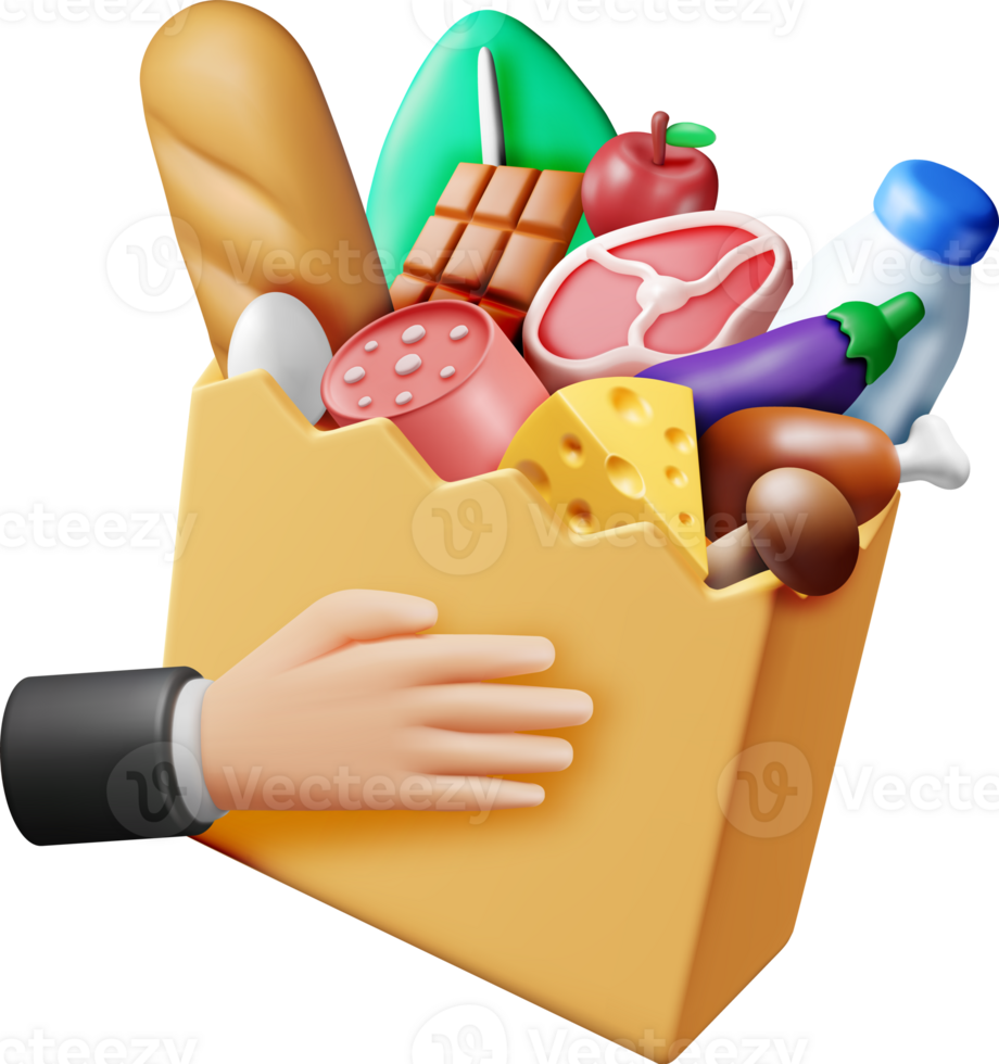 3D Shopping Paper Bag with Fresh Products in Hand png