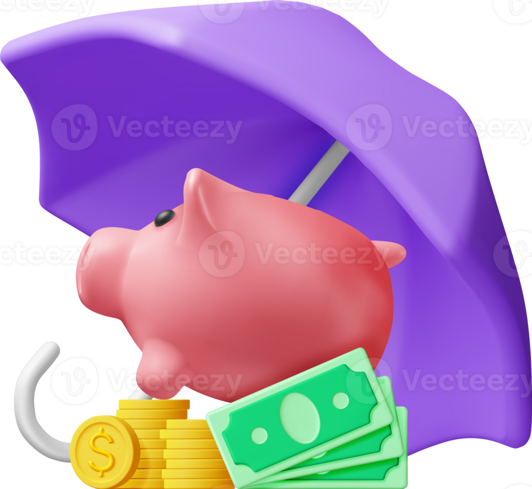 3D Pile of Coins and Dollars Under Umbrella png