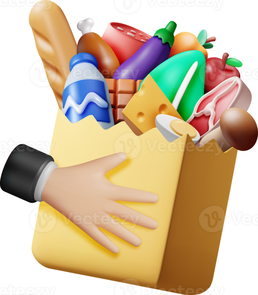 3D Shopping Paper Bag with Fresh Products in Hand png