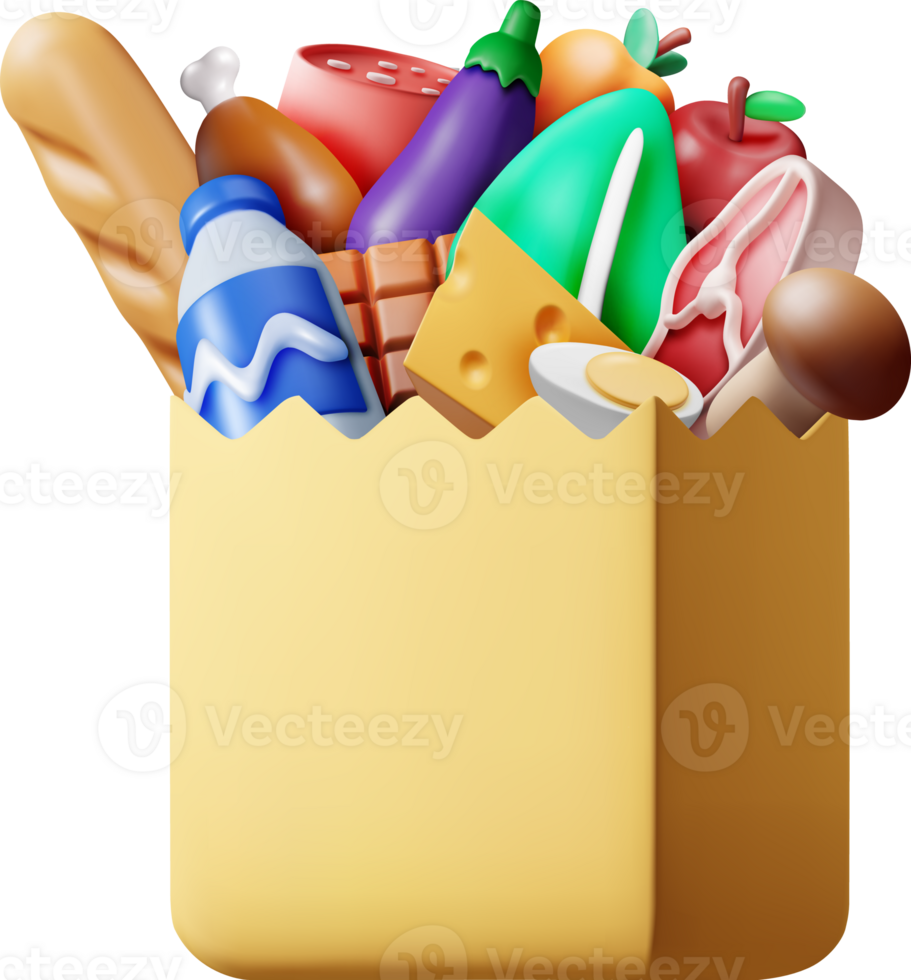 3D Shopping Paper Bag with Fresh Products png