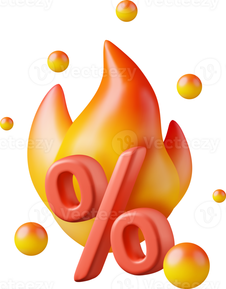 3D Percent Sign and Fire Flame Icon png