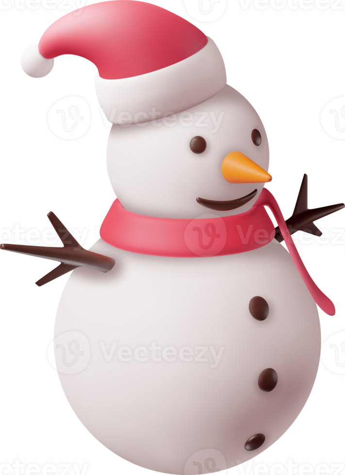 3D White Snowman in Santa Hat and Scarf png