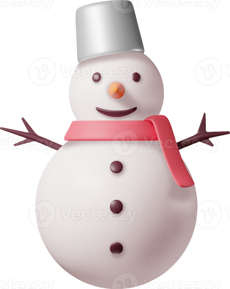 3D White Snowman in Bucket Hat and Scarf png