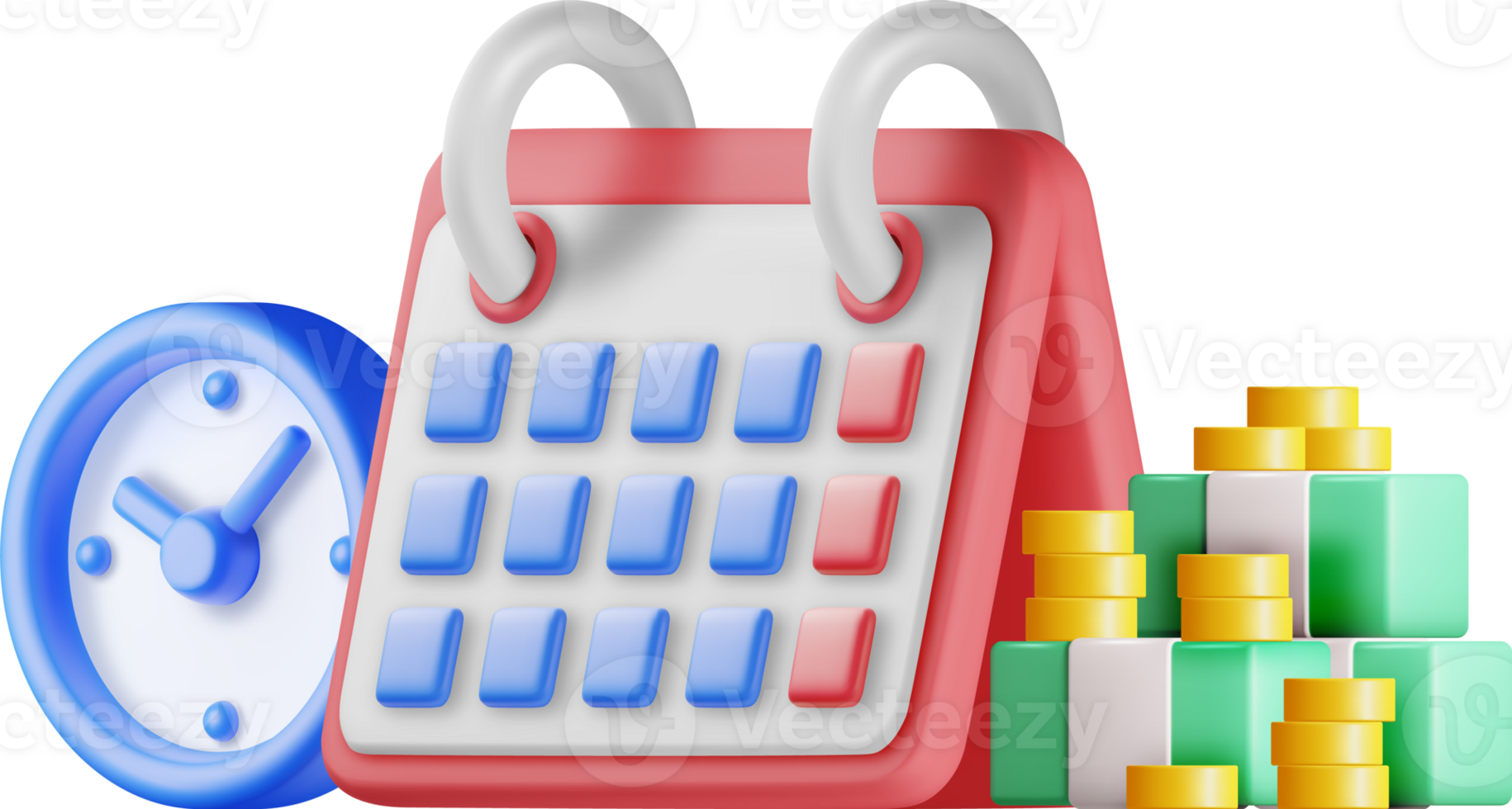 3D Clock, Calendar and Golden Coins png