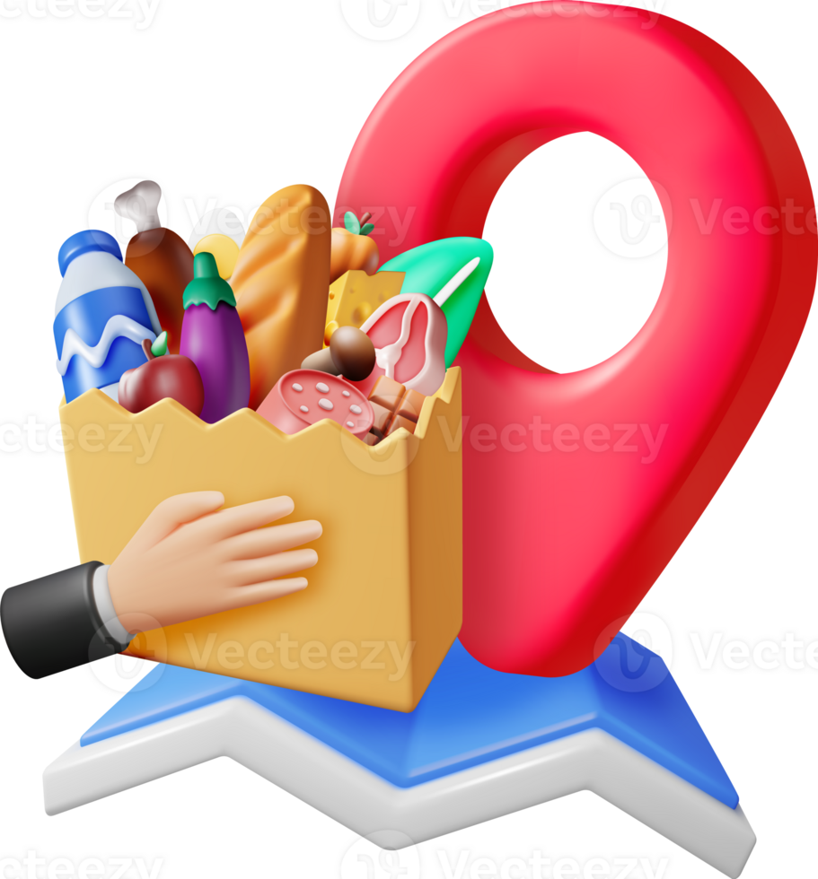 3D Shopping Grocery Bag with Map and Location Pin png