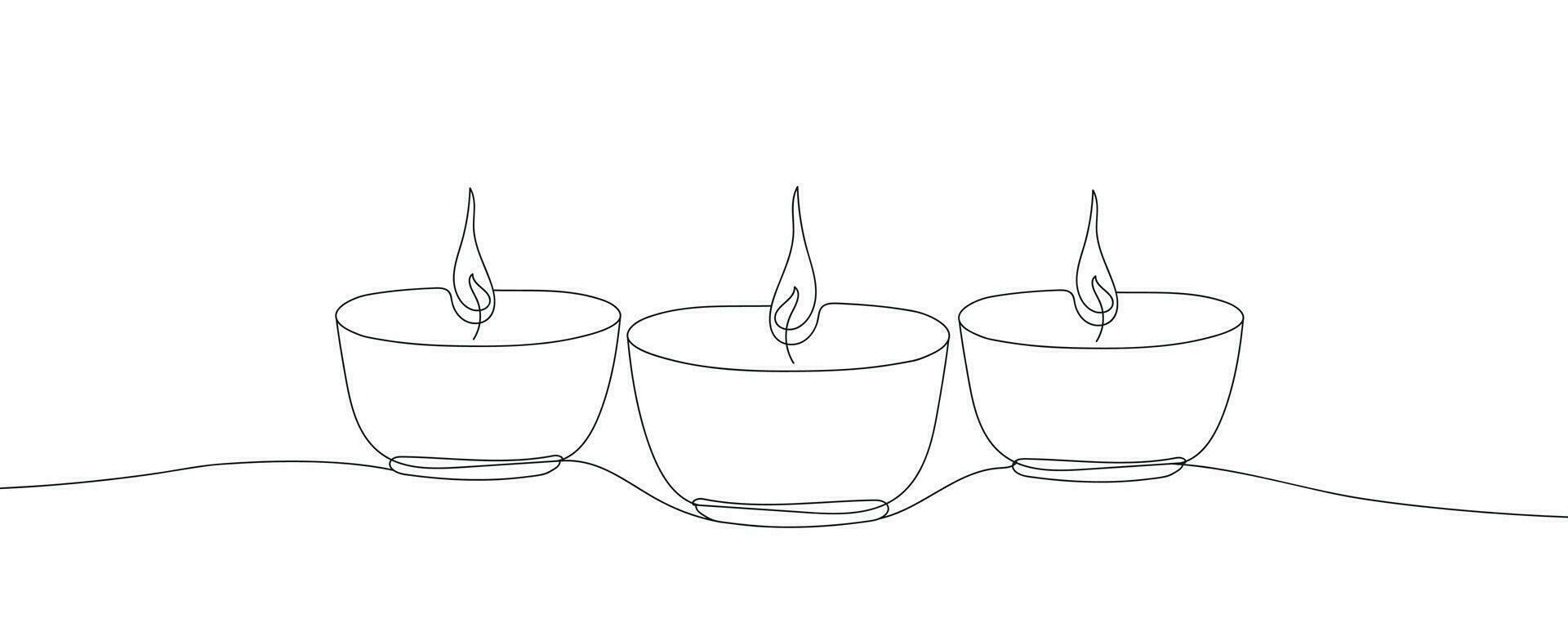 Three candles contour drawing banner. Vector continuous one line drawing oil lamps for diwali festival in silhouette isolated on a white background. Diwali outline illustration