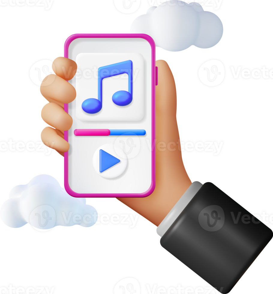 3D Hand with Music Cloud Note in Mobile Phone png