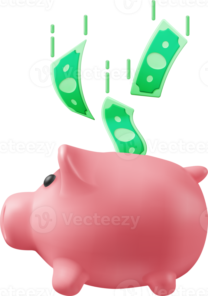 3D Piggy Bank with Dollars png
