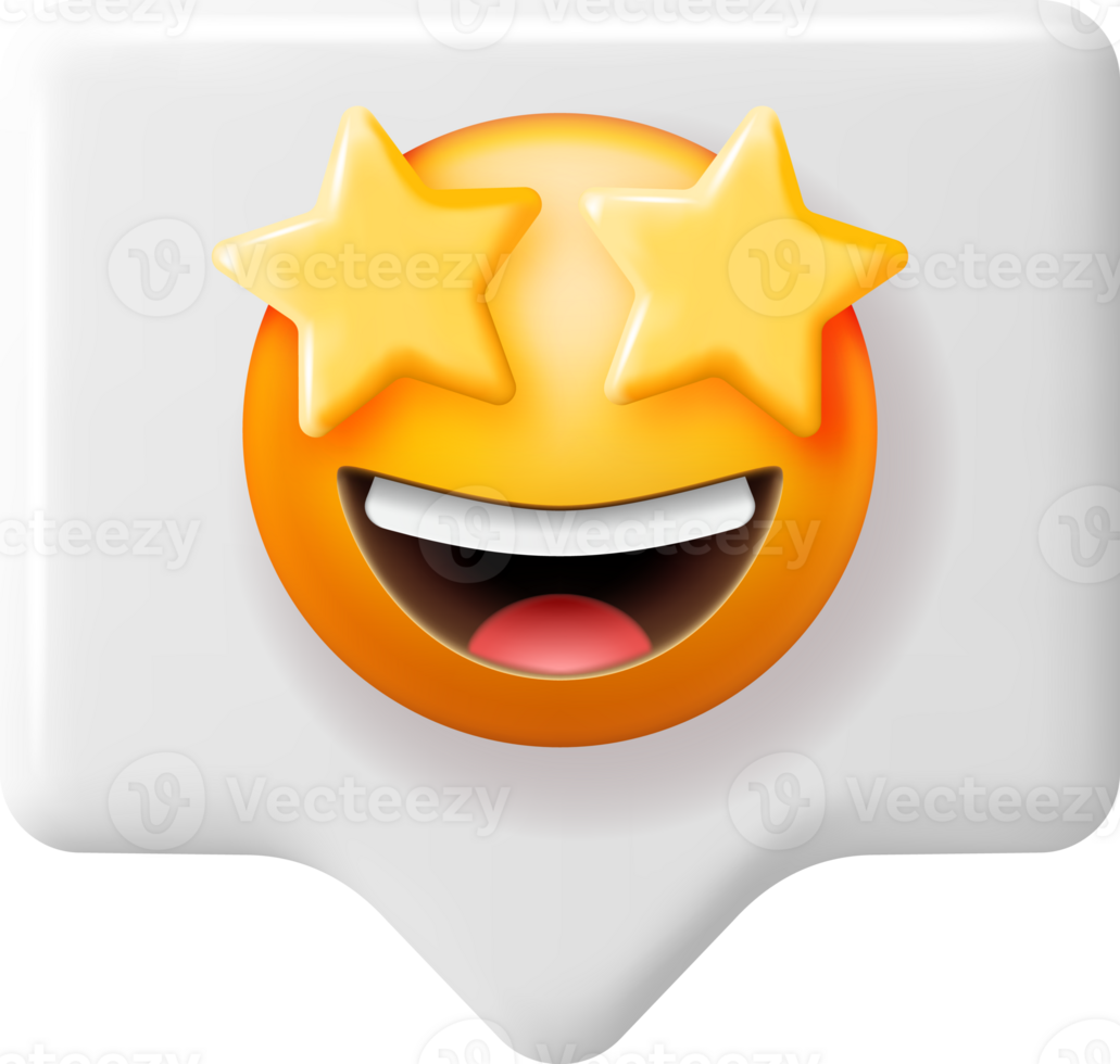 3D Excited Starry Eyed Emoticon in Chat Bubble png