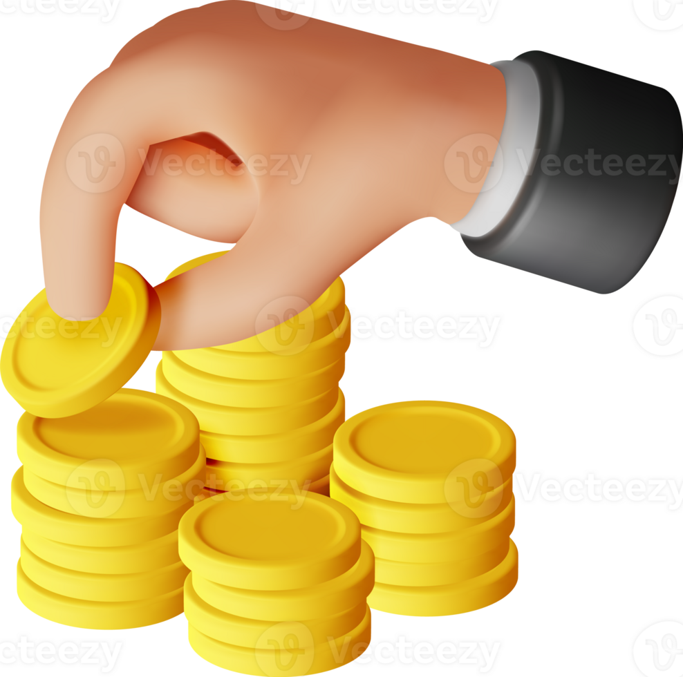 3D Stack of Gold Coins and Hand. png