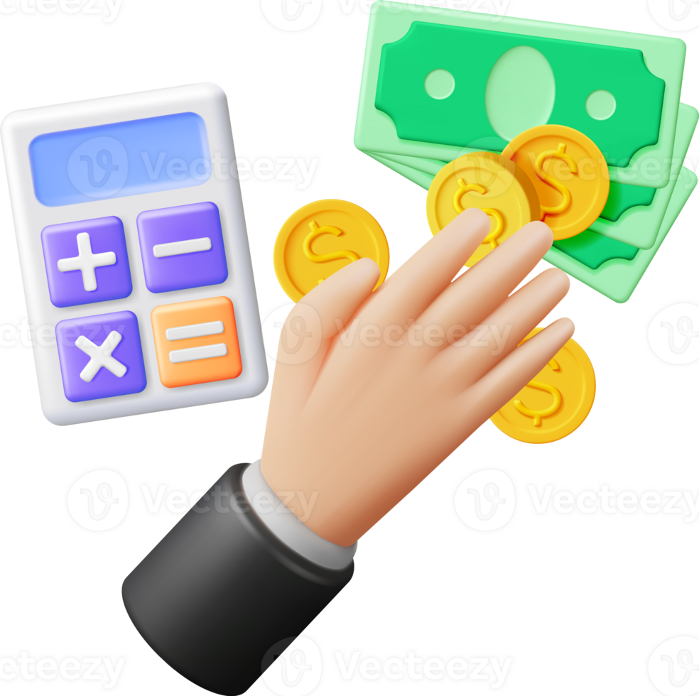 3D Hand with Calculator and Cash Money png