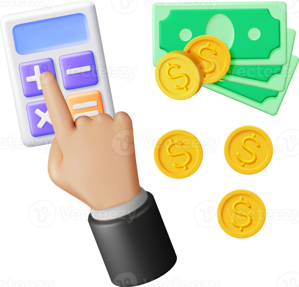 3D Hand with Calculator and Cash Money png