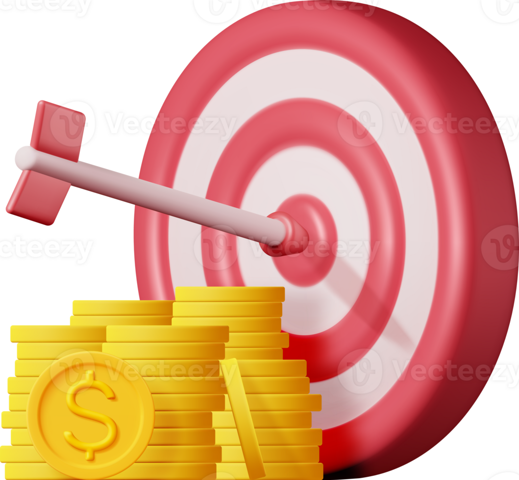 3D Stacks of Coins and Target with Arrow png