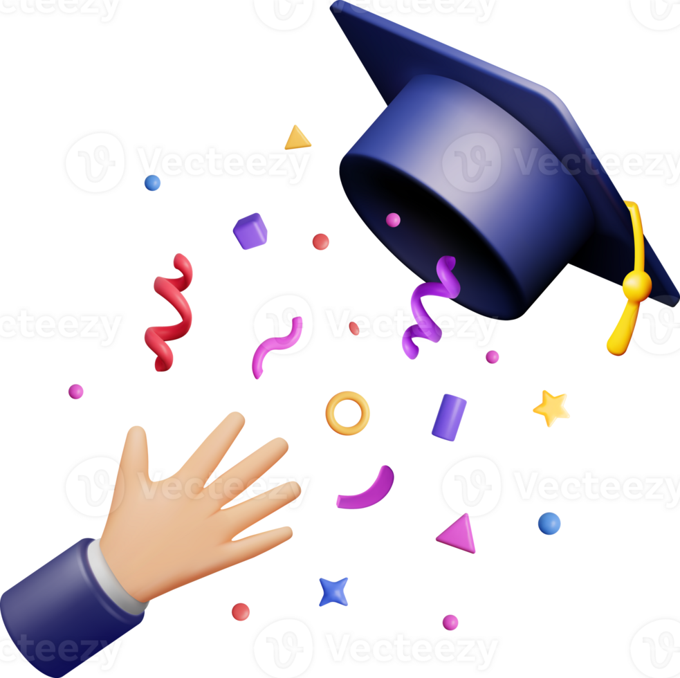 3D Hand Throwing Graduation Hat in Air png