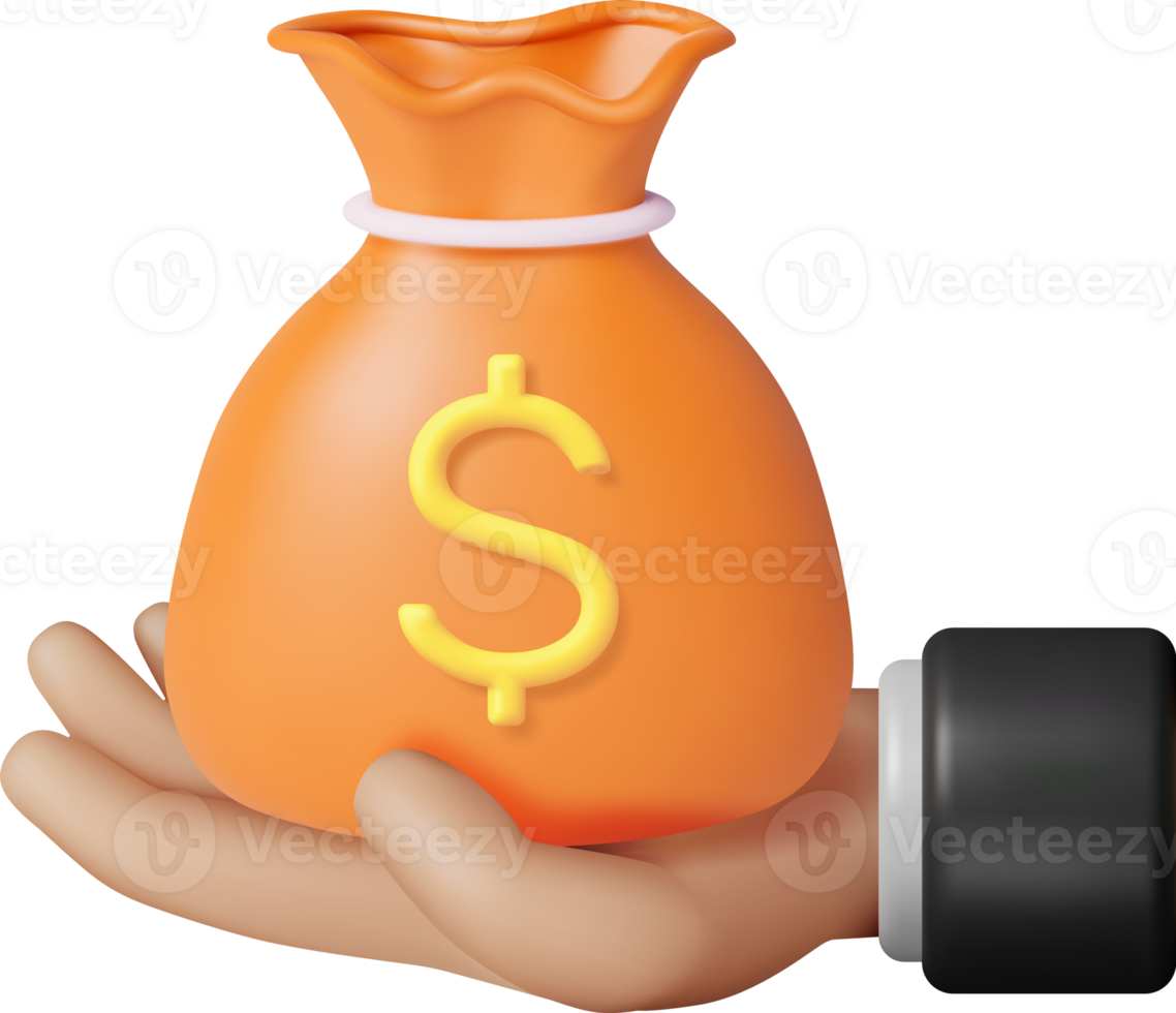 3D Money Bag with Rope and Dollar Sign in Hand png