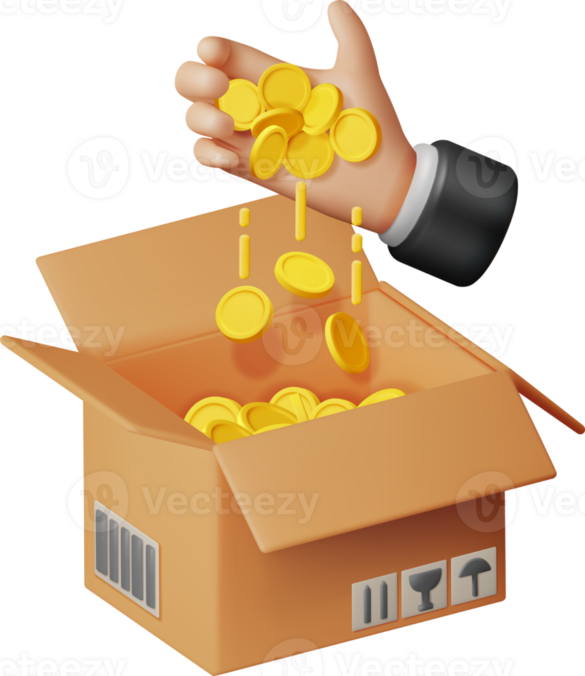 3D Cardboard Box with Gold Coins Inside Hand png