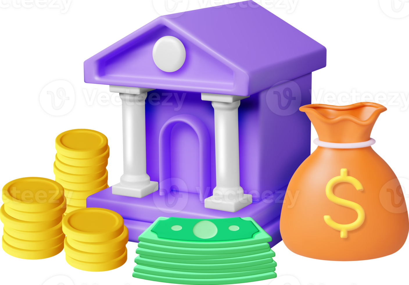 3D Bank Building and Cash Money png