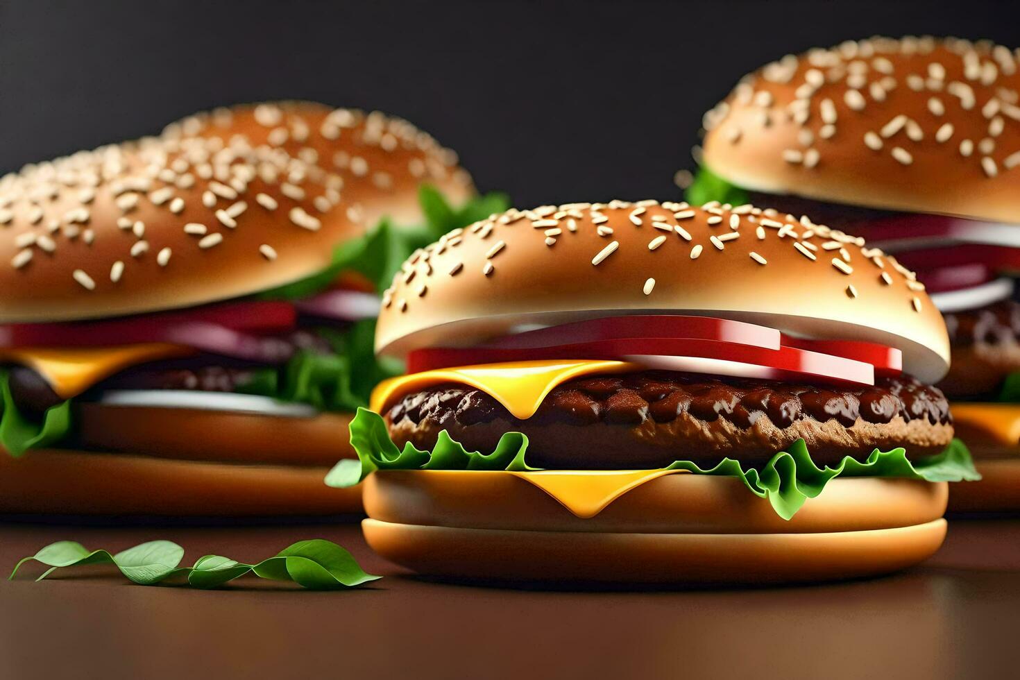 AI generated three hamburgers with cheese and lettuce on them photo