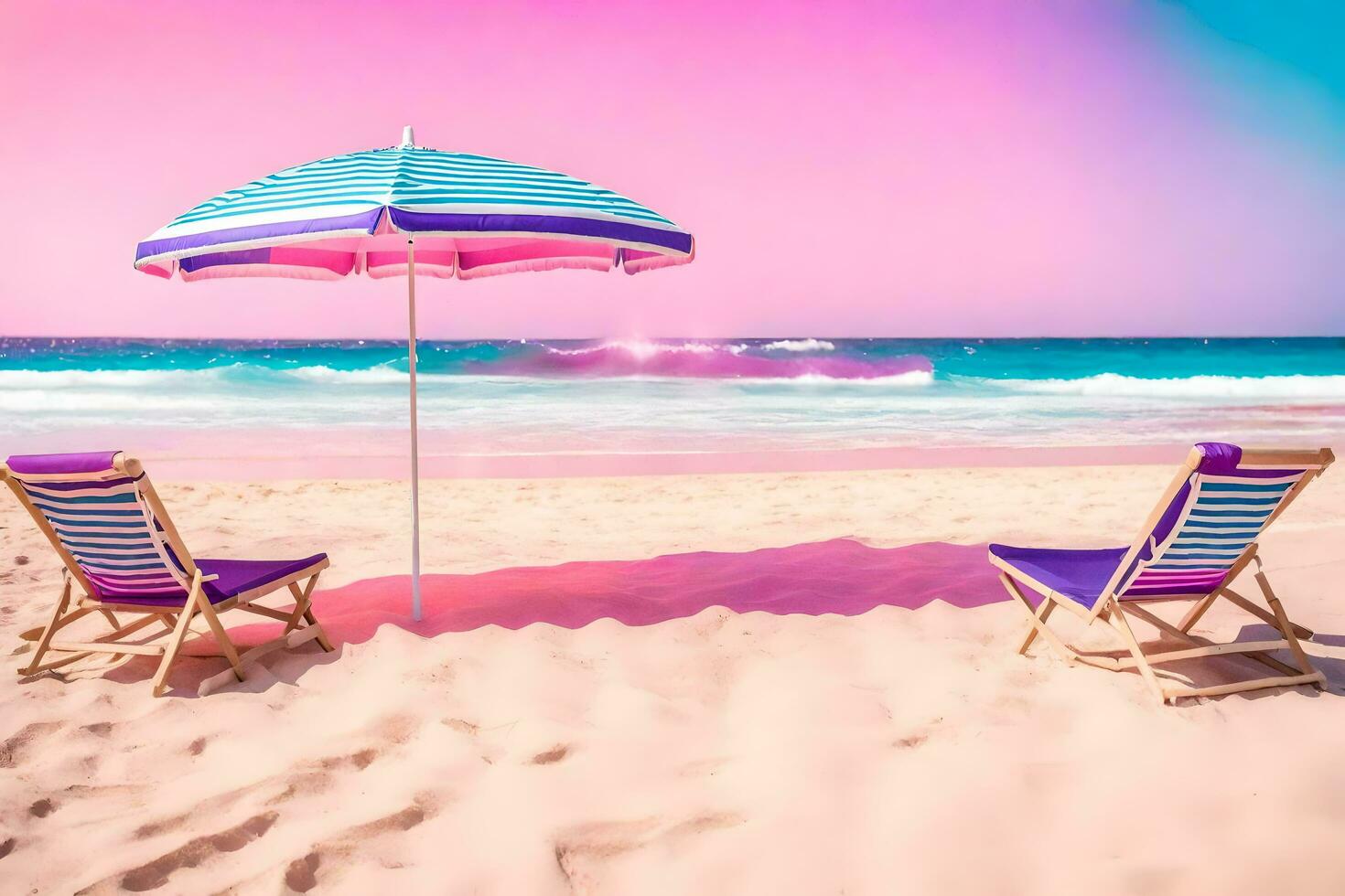 AI generated two lounge chairs and an umbrella on the beach photo