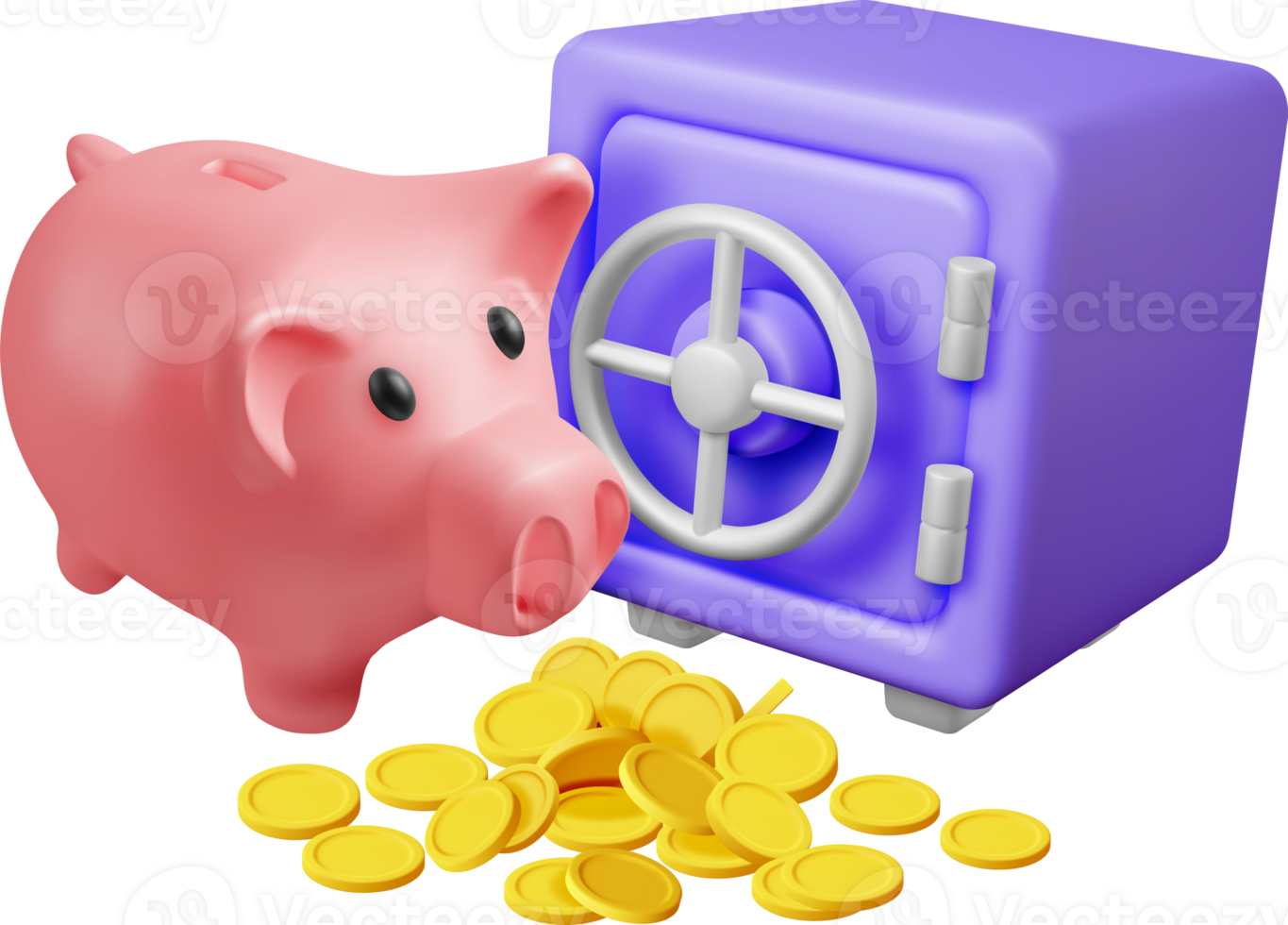 3d Safe Box Full of Money and Piggy Bank png