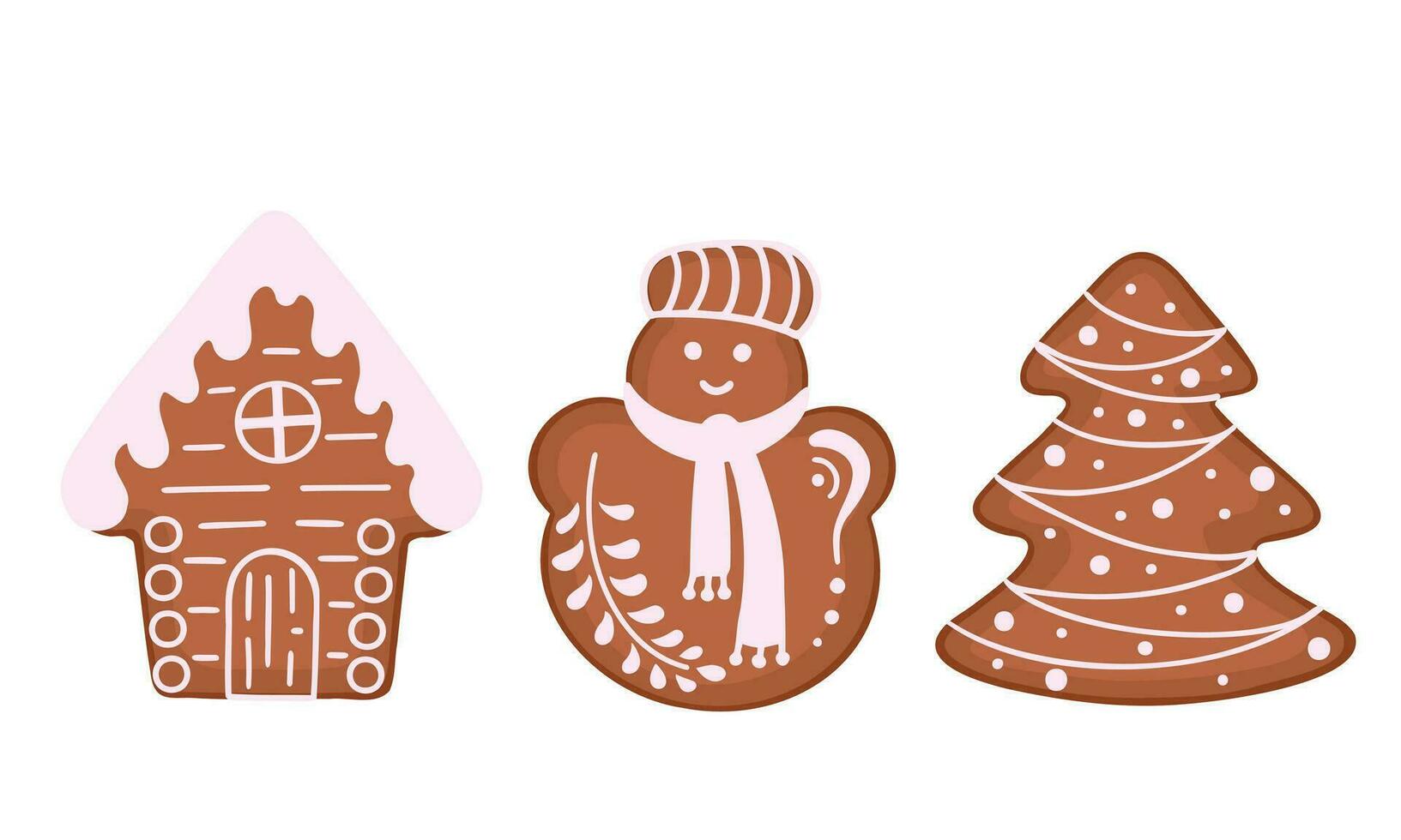 Christmas gingerbread cookies. House, snowman, tree ginger cookie. Illustration for backgrounds and packaging. Image can be used for greeting cards and posters. Isolated on white background. vector