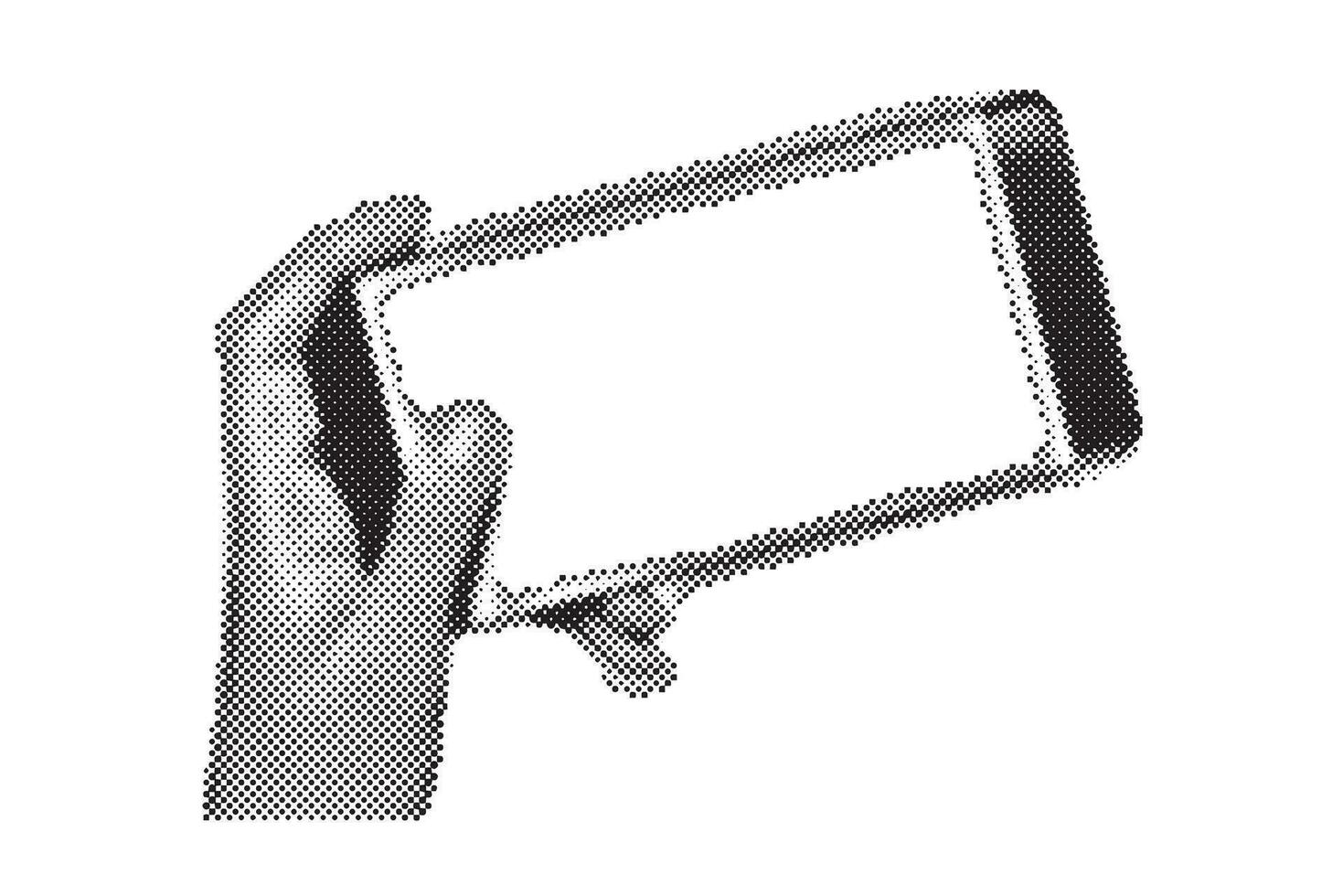 Template of phone in halftone hand. Hand holding phone with blank display isolated on checkered background vector