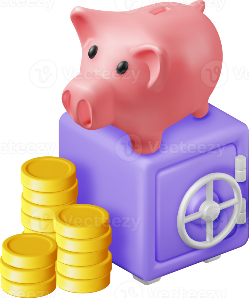 3d Safe Box Full of Money and Piggy Bank png