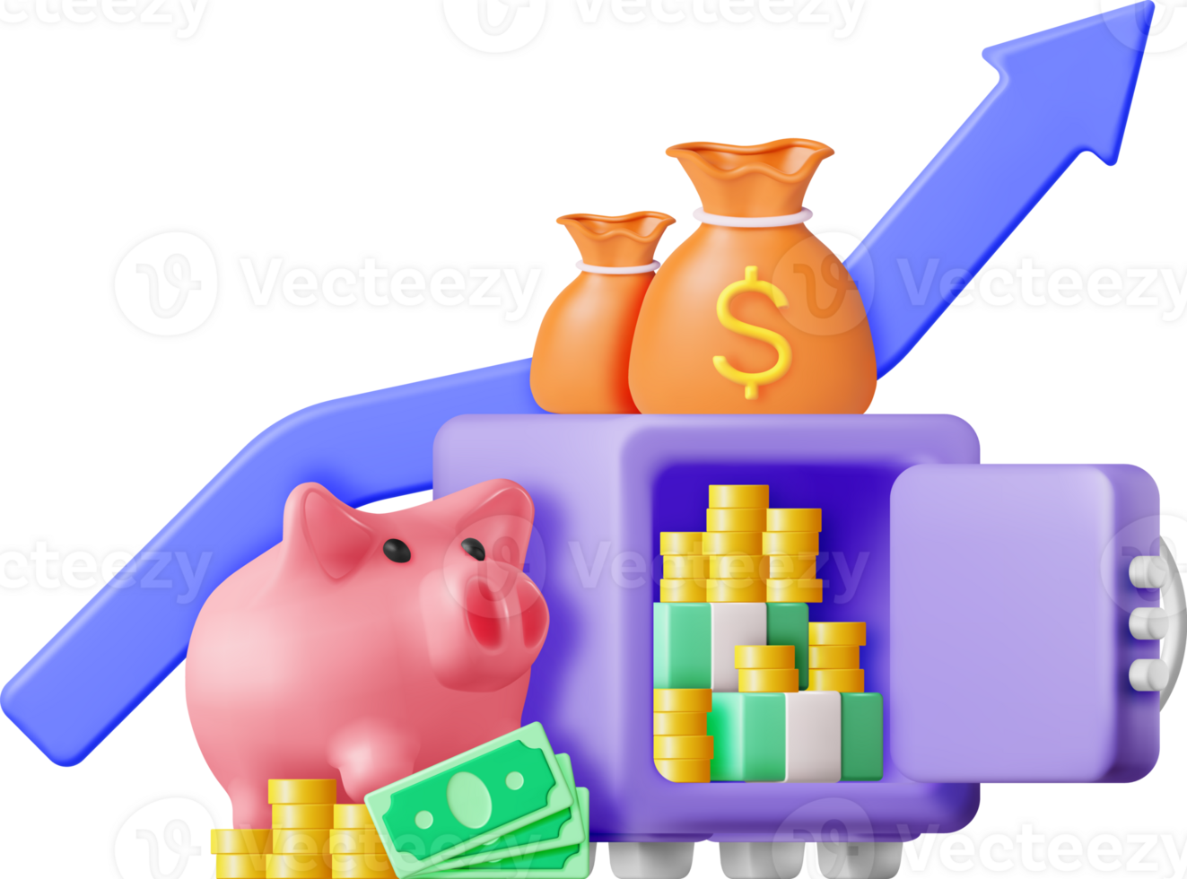3d Safe Box Full of Money and Piggy Bank png