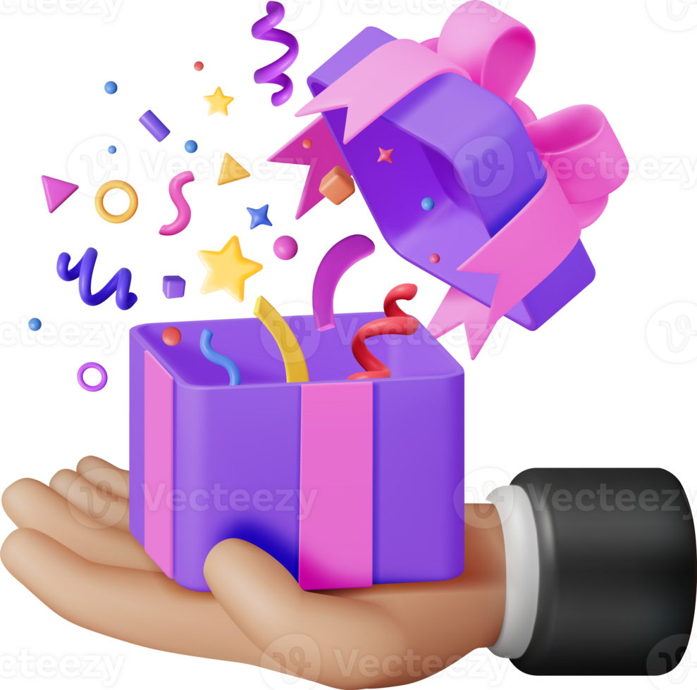 3D Open Gift Box With Falling Confetti in Hand png