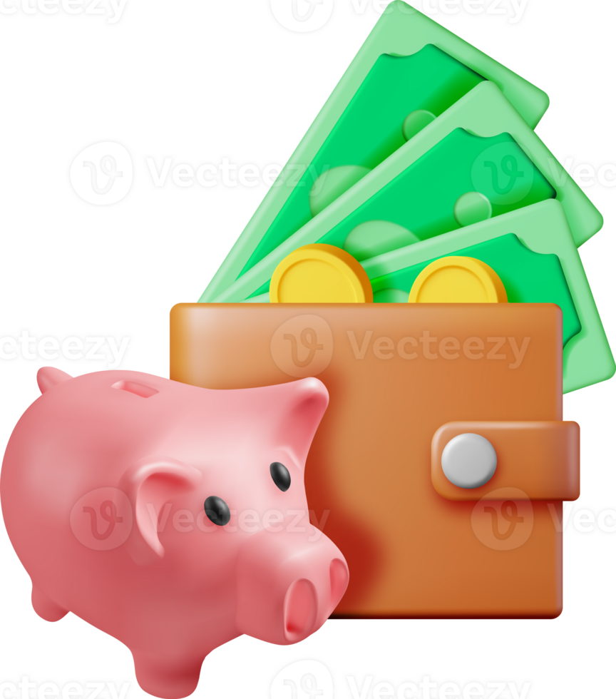 3d cerdito banco con monedas y billetera png