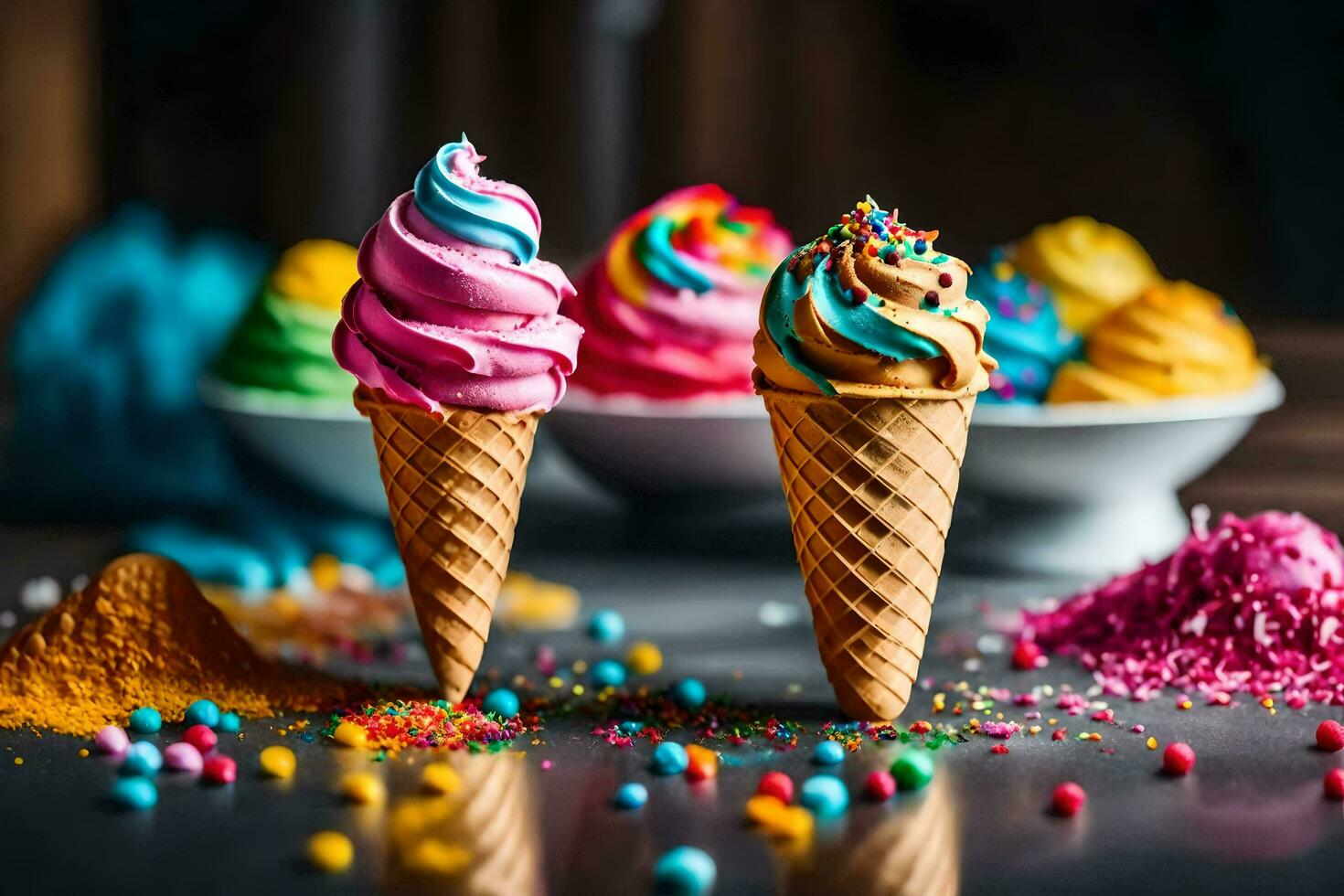 AI generated three ice cream cones with colorful sprinkles photo