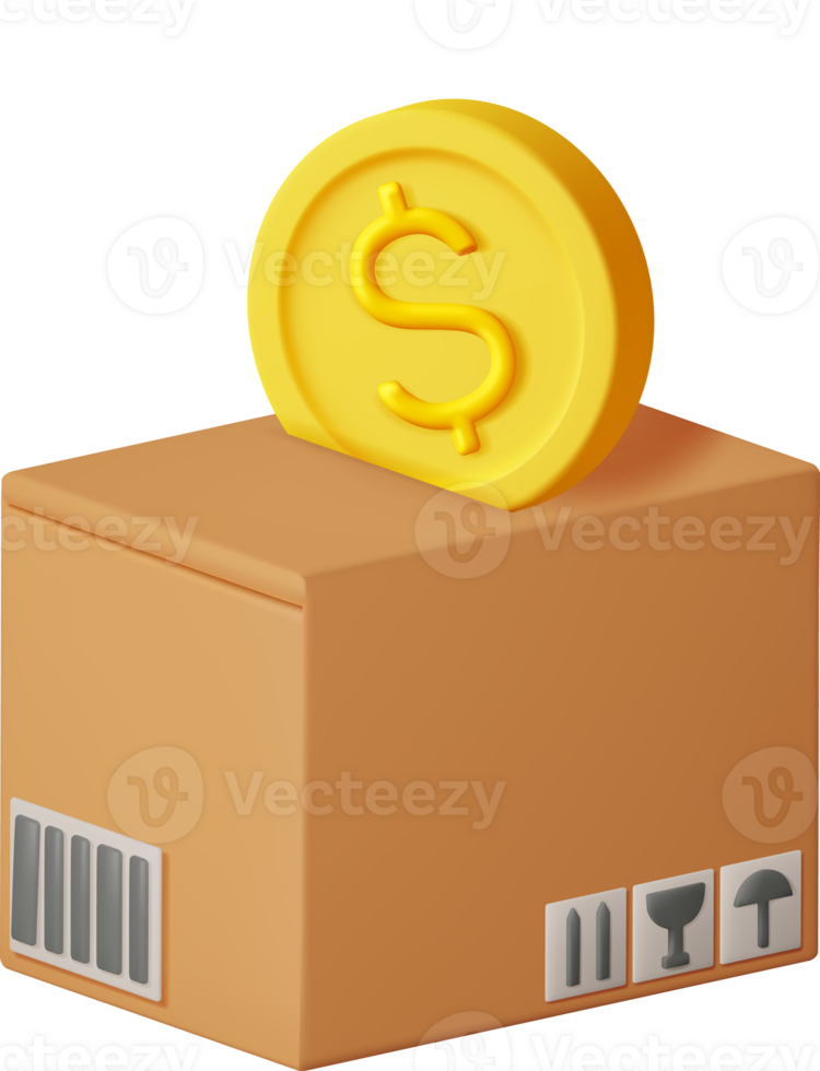3D Cardboard Box with Gold Coins Inside png