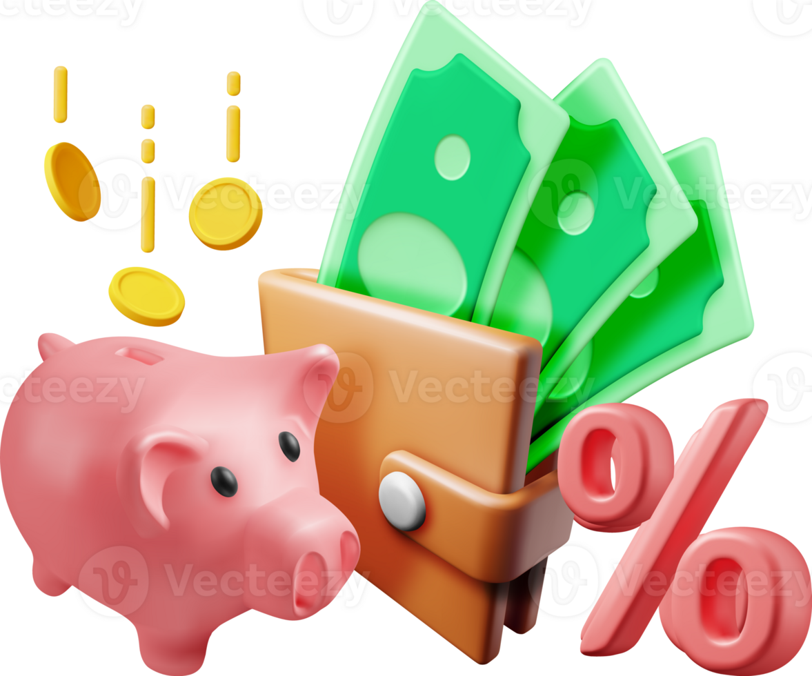 3D Piggy Bank with Coins and Wallet png