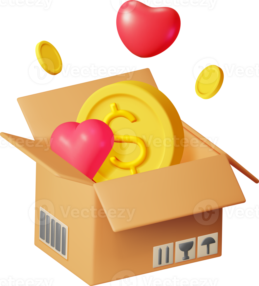 3d karton doos met goud munten en harten png