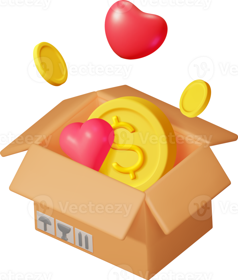 3d cartulina caja con oro monedas y corazones png