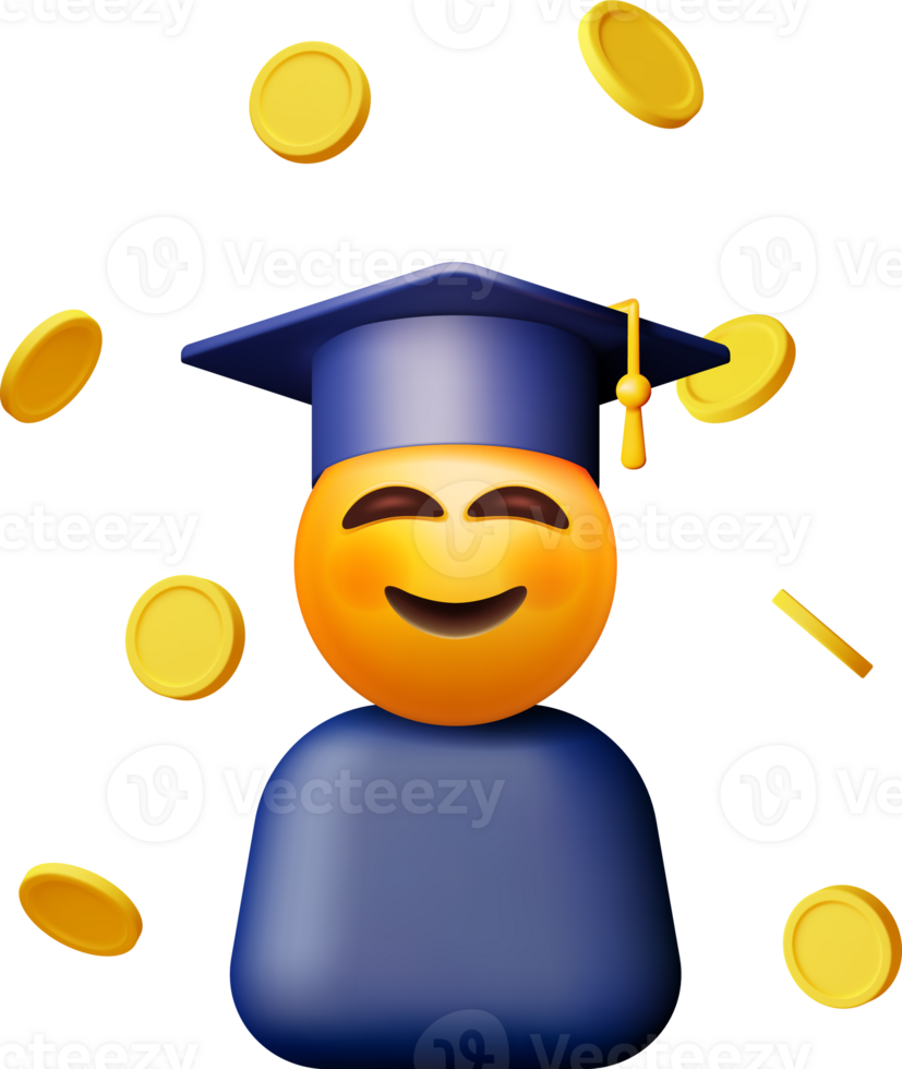 3D Happy Smiling Emoticon in Graduate Cap in Coins png